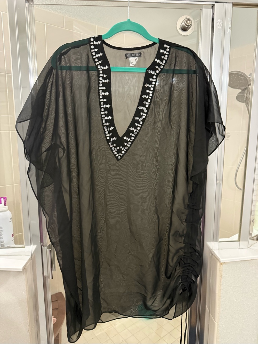 VENUS Black Sheer V-Neck Swim Coverup with Embellished Trim NWOT